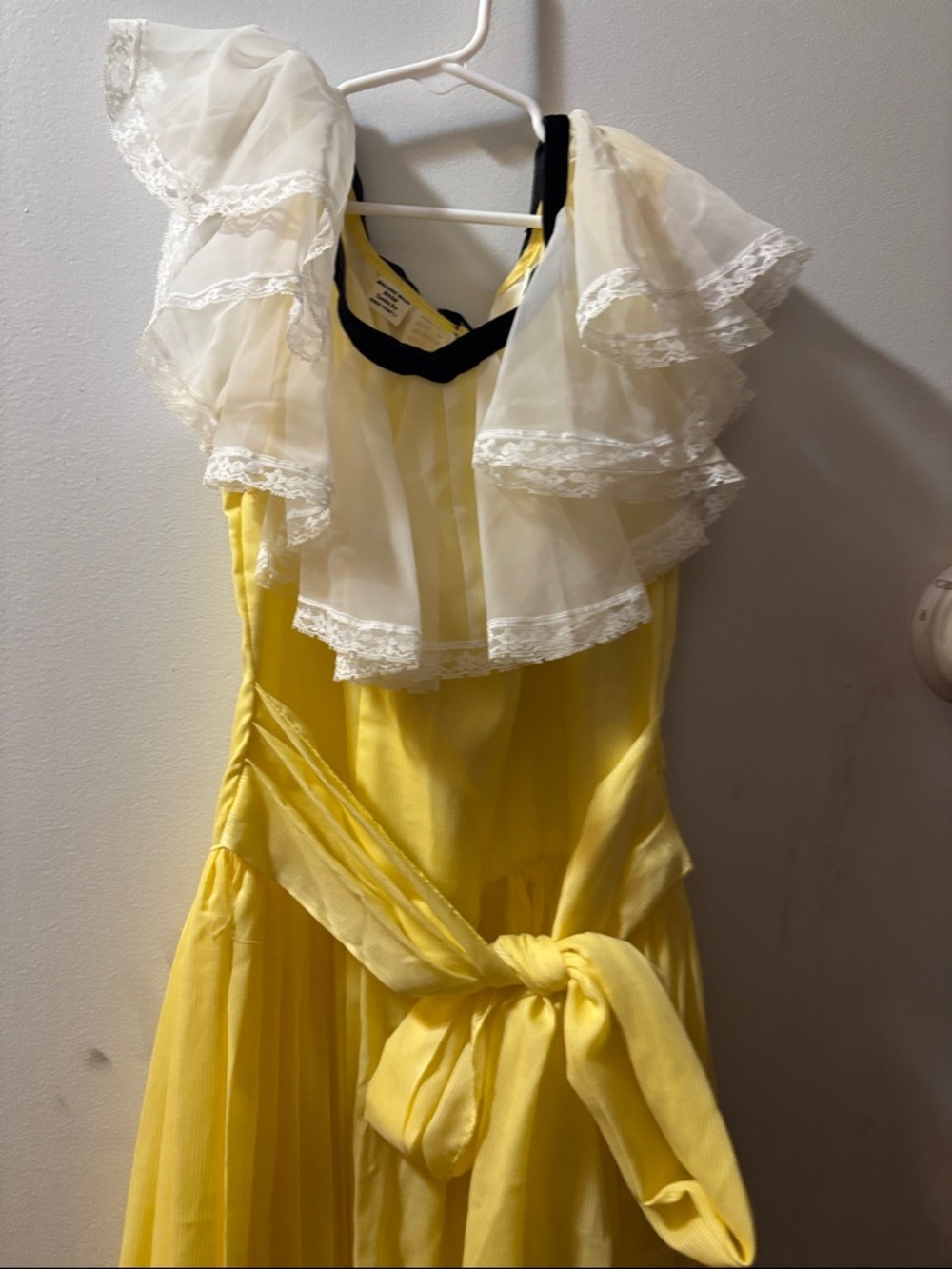 Vintage Yellow Maxi Dress with Cream Lace Ruffle and Black Trim